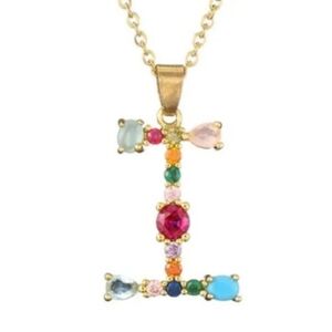 I Initial Pendant Necklace Multicolor Rhinestones Gold Tone Chain